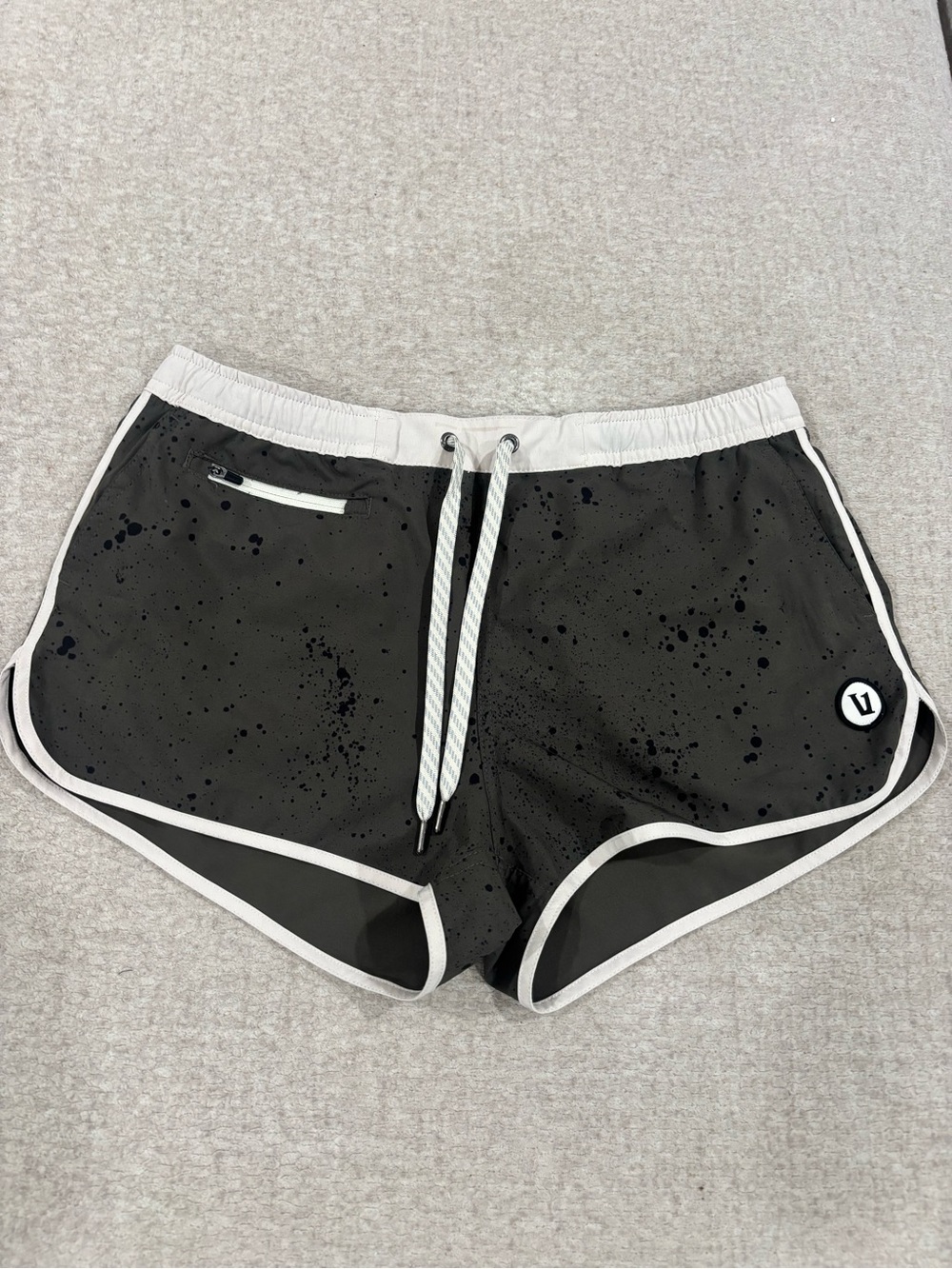 Vuori dark green Athletic Shorts with White Trim and Splatter